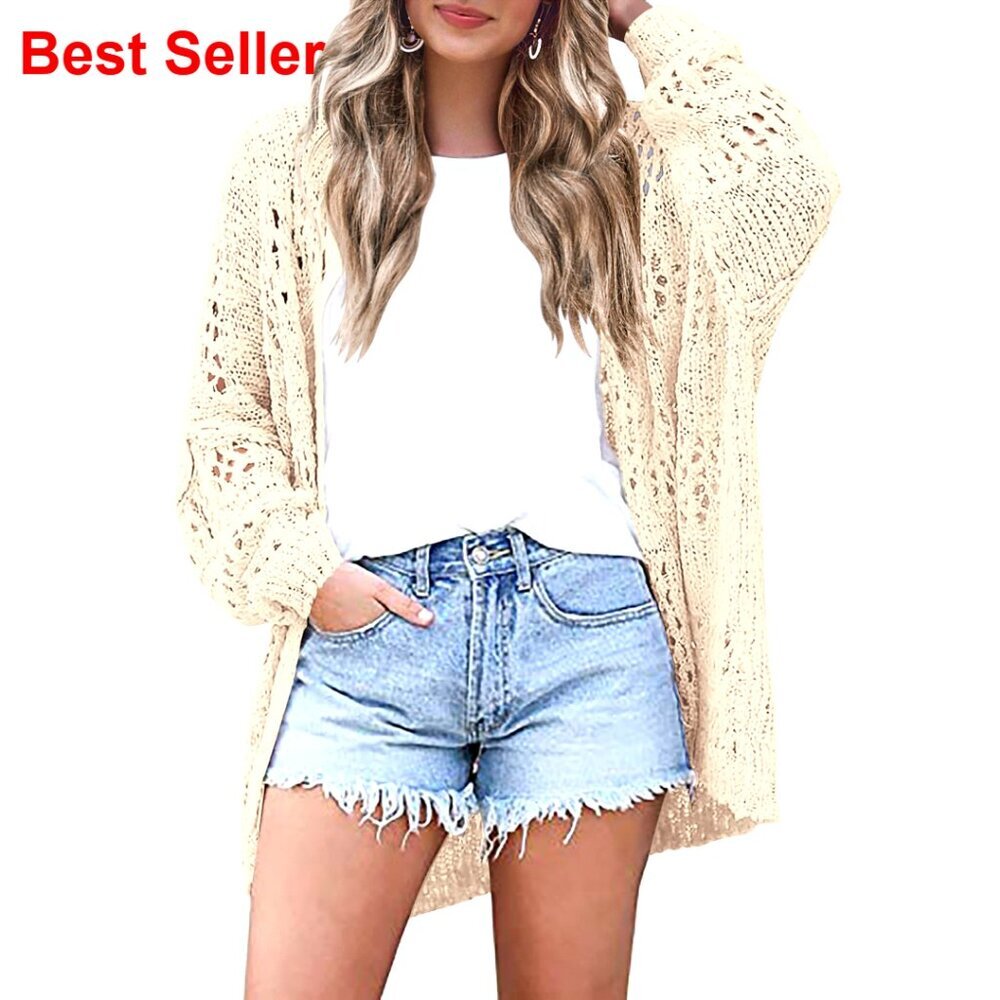 Lightweight Crochet Cardigan Long Sleeve Open Front Oversized Sweater